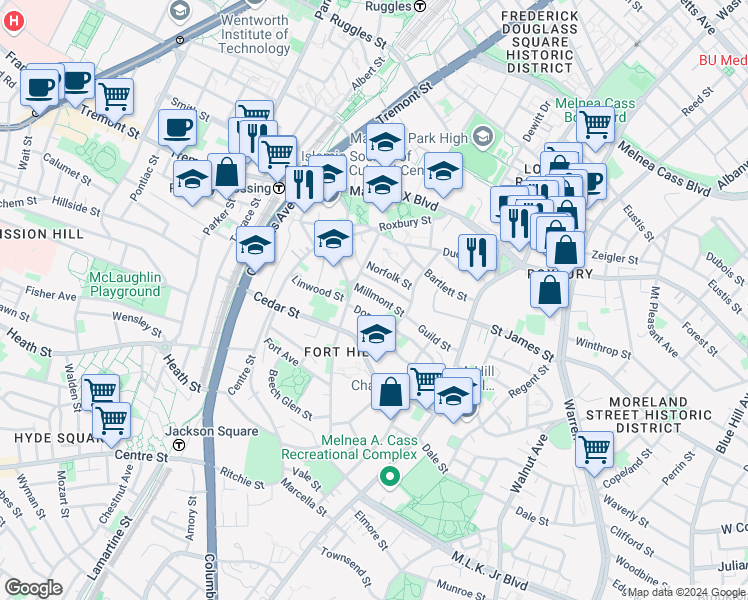 map of restaurants, bars, coffee shops, grocery stores, and more near 20 Lambert Street in Boston