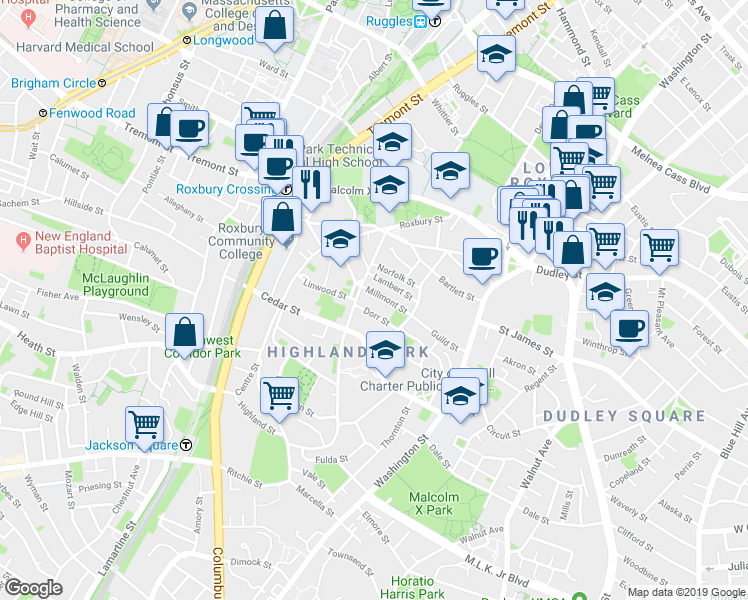 map of restaurants, bars, coffee shops, grocery stores, and more near 20 Lambert Street in Boston