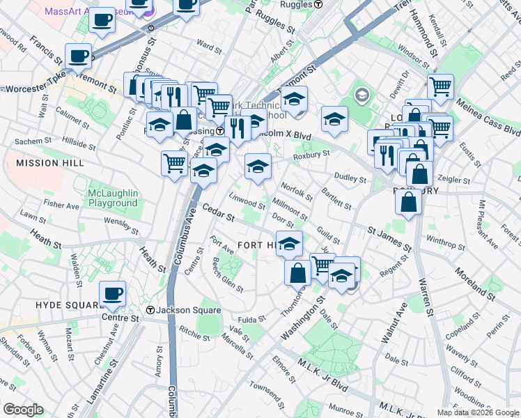 map of restaurants, bars, coffee shops, grocery stores, and more near 6 Alvah Kittredge Park in Boston