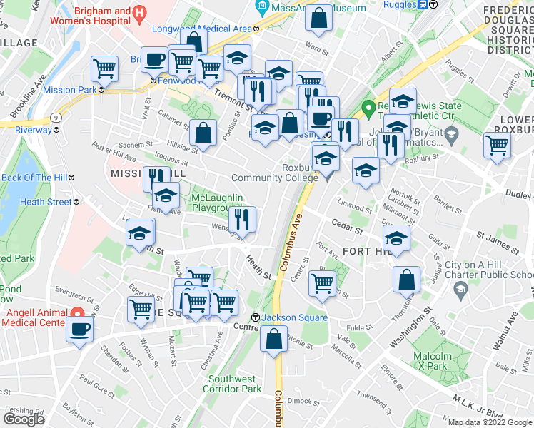 map of restaurants, bars, coffee shops, grocery stores, and more near 111 Terrace Street in Boston