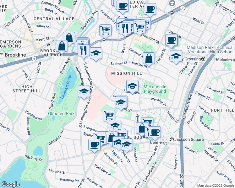 map of restaurants, bars, coffee shops, grocery stores, and more near 172 Fisher Avenue in Boston