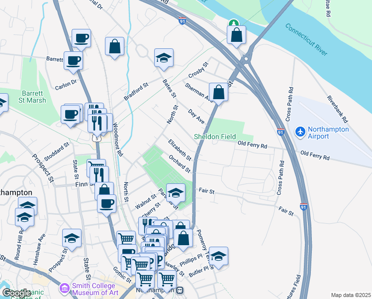 map of restaurants, bars, coffee shops, grocery stores, and more near 16 Lincoln Avenue in Northampton