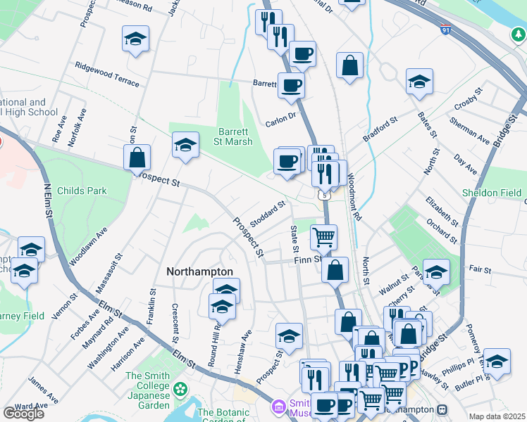 map of restaurants, bars, coffee shops, grocery stores, and more near 29 Winter Street in Northampton