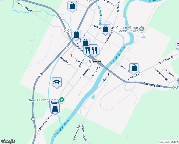 map of restaurants, bars, coffee shops, grocery stores, and more near 18 South Chenango Street in Greene