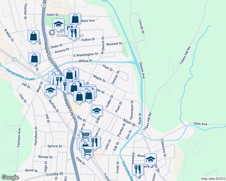 map of restaurants, bars, coffee shops, grocery stores, and more near 108 Maple Street in Hornell