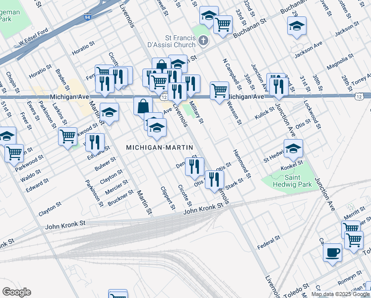 map of restaurants, bars, coffee shops, grocery stores, and more near 3700 Gilbert Avenue in Detroit