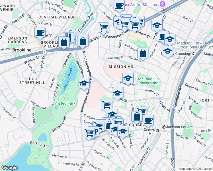 map of restaurants, bars, coffee shops, grocery stores, and more near 251 Heath Street in Jamaica Plain
