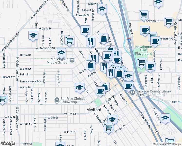 map of restaurants, bars, coffee shops, grocery stores, and more near 132 West 4th Street in Medford