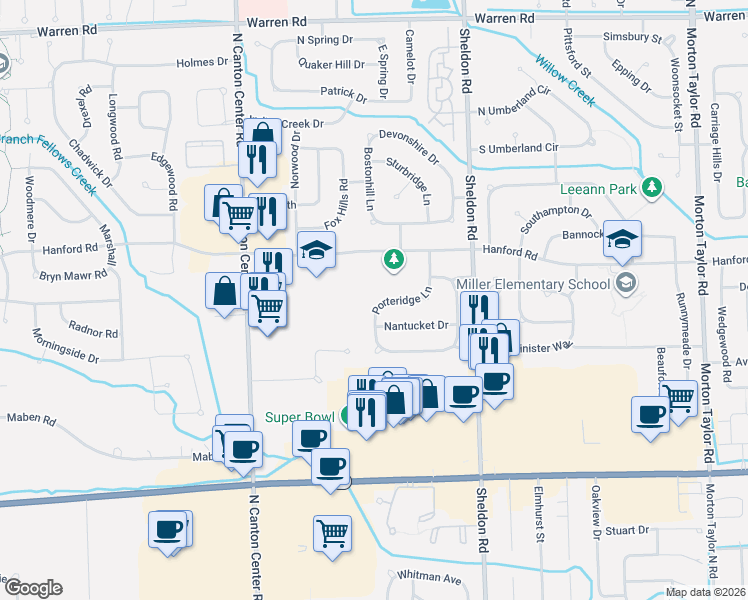 map of restaurants, bars, coffee shops, grocery stores, and more near 6181 Porteridge Lane in Canton