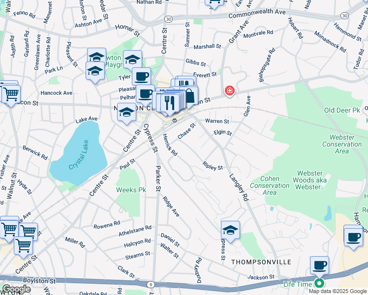 map of restaurants, bars, coffee shops, grocery stores, and more near 21 Ripley Street in Newton