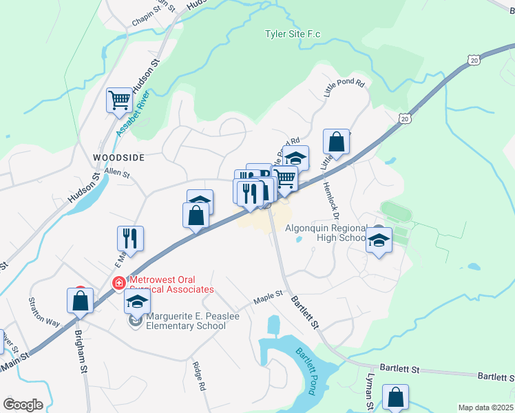 map of restaurants, bars, coffee shops, grocery stores, and more near 285 Main Street in Northborough