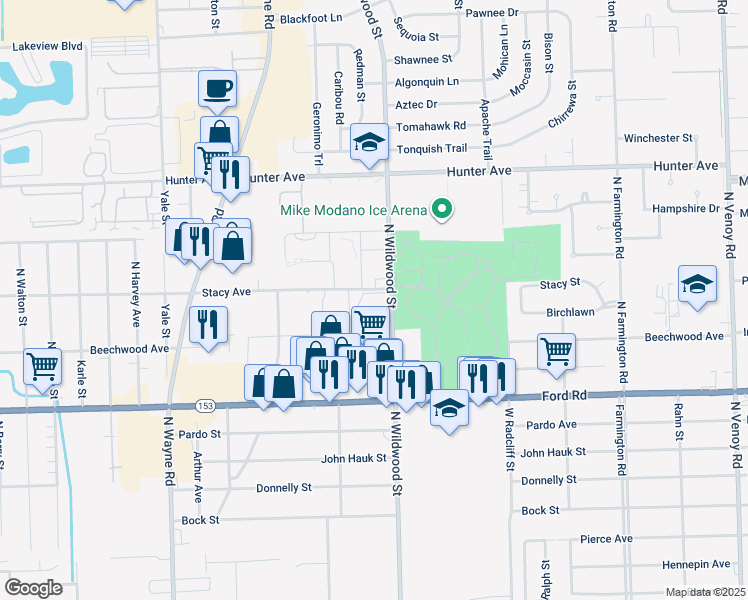 map of restaurants, bars, coffee shops, grocery stores, and more near 5995 North Wildwood Street in Westland