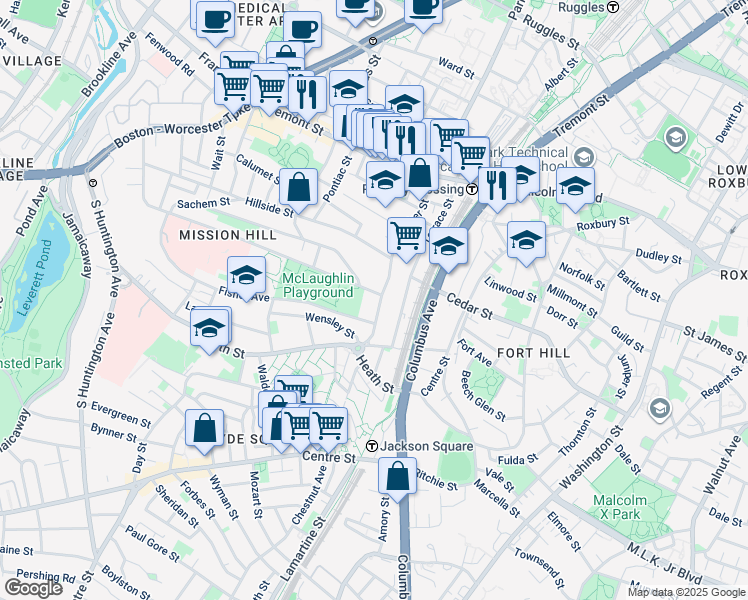 map of restaurants, bars, coffee shops, grocery stores, and more near 228 Calumet Street in Boston