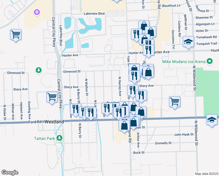 map of restaurants, bars, coffee shops, grocery stores, and more near 6032 Karle Street in Westland