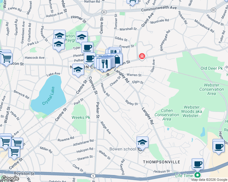 map of restaurants, bars, coffee shops, grocery stores, and more near 21 Ripley Street in Newton