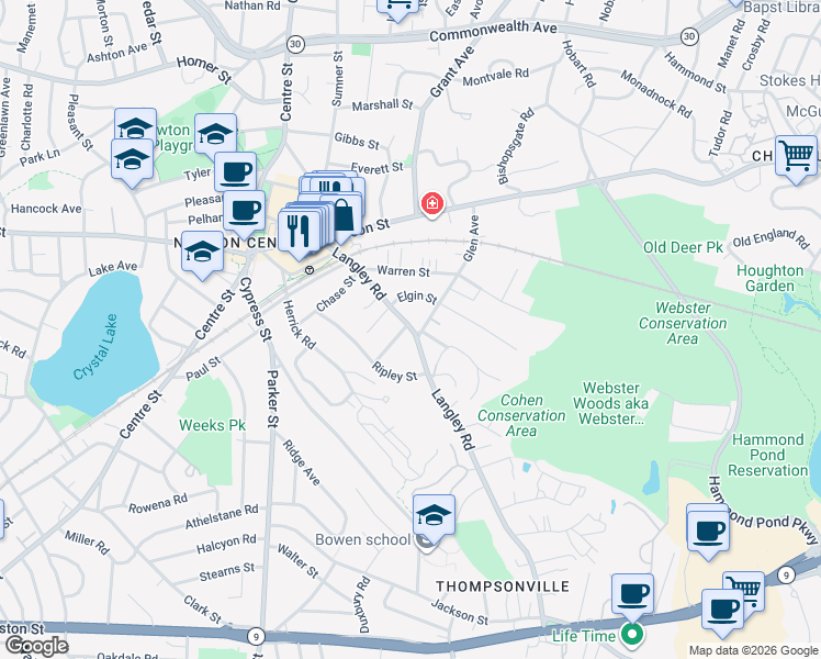 map of restaurants, bars, coffee shops, grocery stores, and more near 70 Elgin Street in Newton