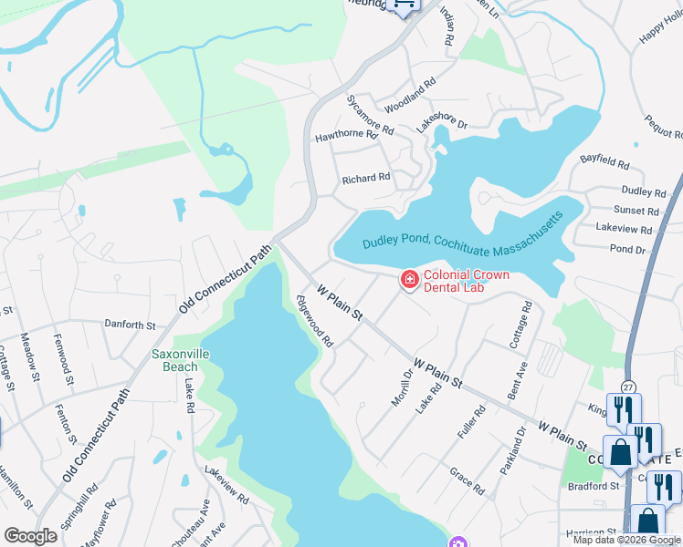 map of restaurants, bars, coffee shops, grocery stores, and more near 203 West Plain Street in Wayland