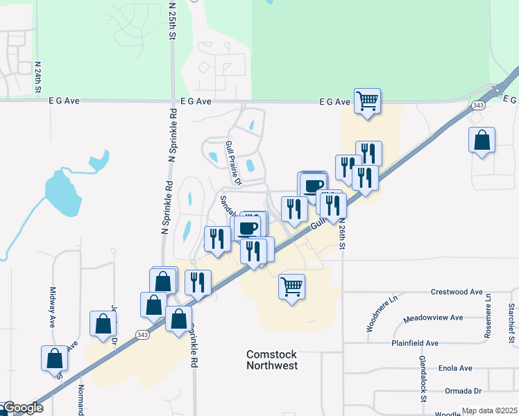 map of restaurants, bars, coffee shops, grocery stores, and more near 4495 Gull Run Drive in Kalamazoo