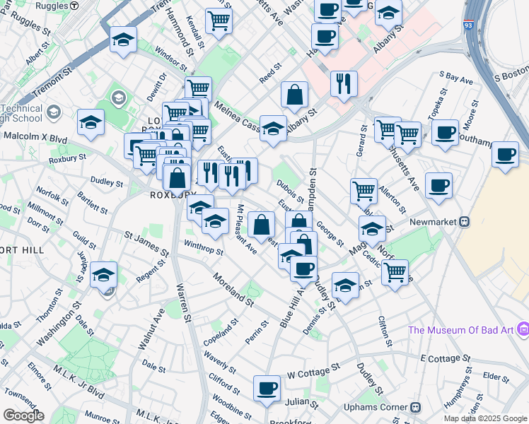 map of restaurants, bars, coffee shops, grocery stores, and more near 299 Dudley Street in Boston