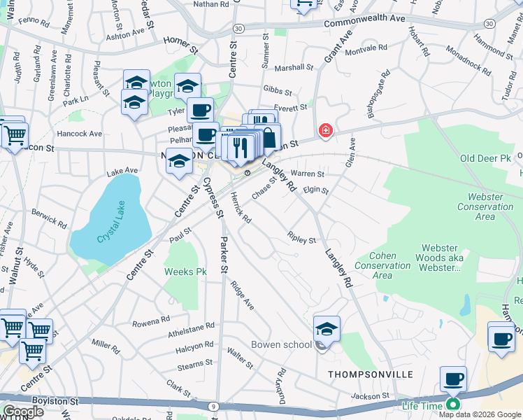 map of restaurants, bars, coffee shops, grocery stores, and more near 19 Ripley Street in Newton