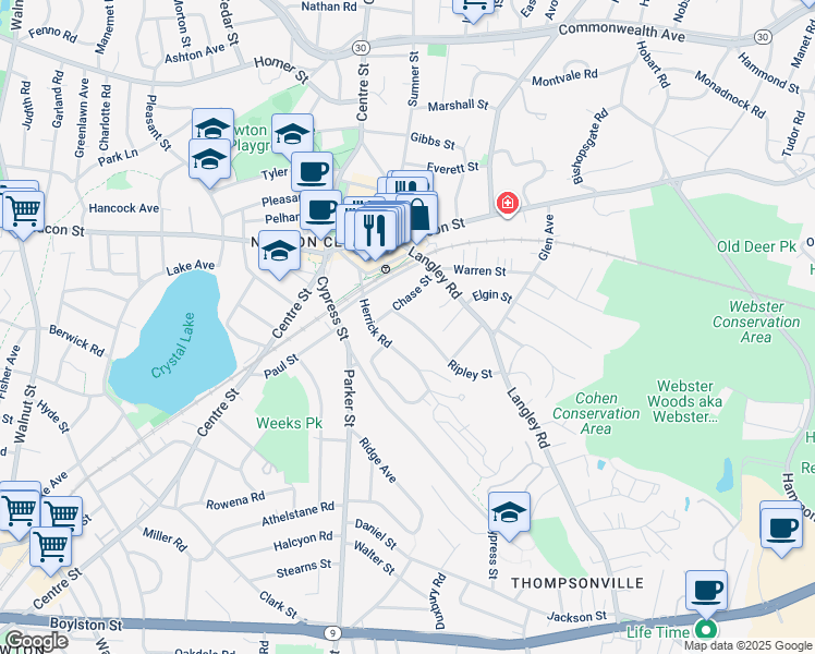 map of restaurants, bars, coffee shops, grocery stores, and more near 19 Ripley Street in Newton