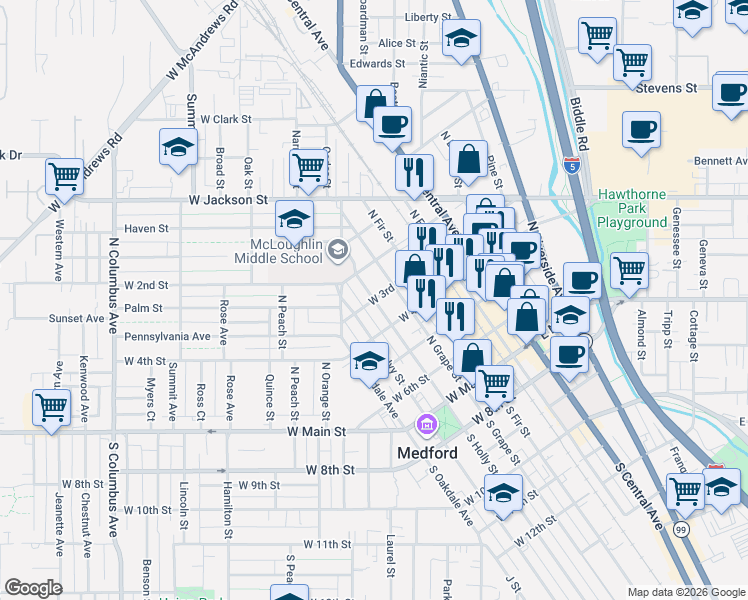 map of restaurants, bars, coffee shops, grocery stores, and more near N Holly St & W 3rd St in Medford