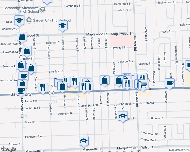 map of restaurants, bars, coffee shops, grocery stores, and more near 5851 Gilman Street in Garden City
