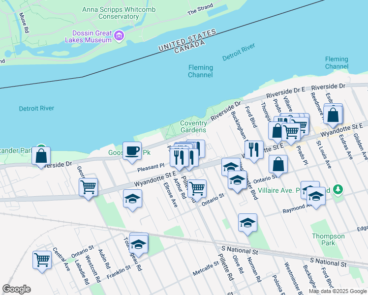map of restaurants, bars, coffee shops, grocery stores, and more near 4789 Riverside Drive East in Windsor