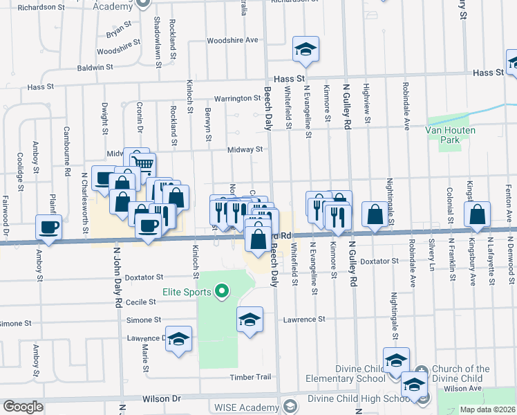 map of restaurants, bars, coffee shops, grocery stores, and more near 5857 Centralia Street in Dearborn Heights