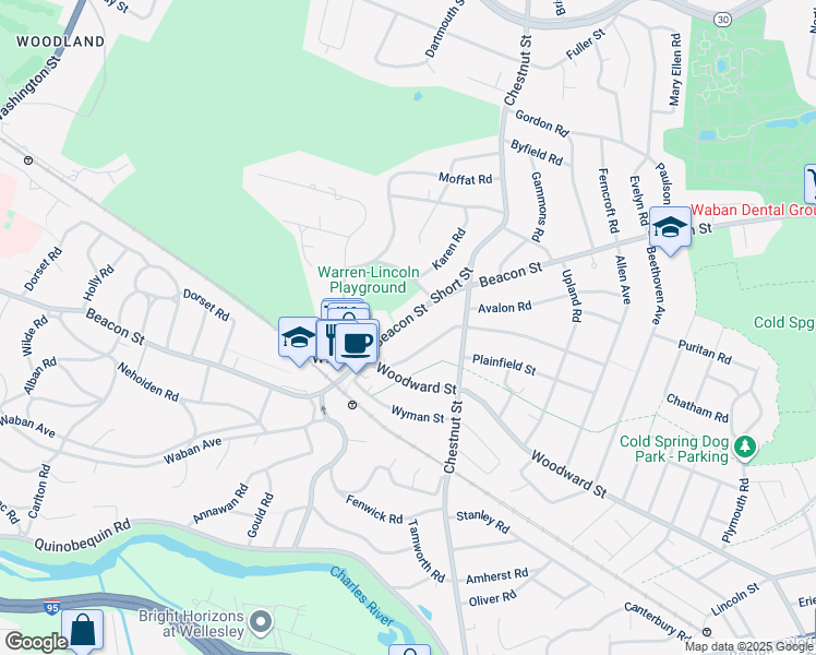 map of restaurants, bars, coffee shops, grocery stores, and more near 1572 Beacon Street in Newton