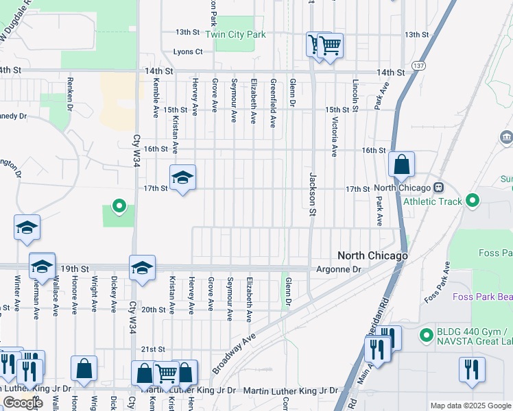 map of restaurants, bars, coffee shops, grocery stores, and more near 1401 17th Street in North Chicago