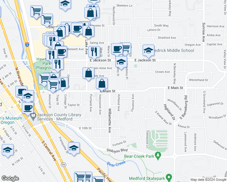 map of restaurants, bars, coffee shops, grocery stores, and more near 1175 East Main Street in Medford