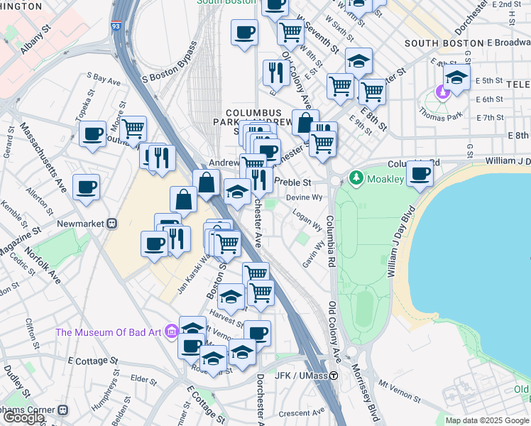 map of restaurants, bars, coffee shops, grocery stores, and more near 626 Dorchester Avenue in Boston