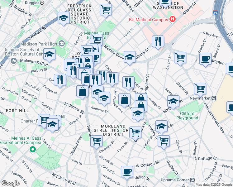 map of restaurants, bars, coffee shops, grocery stores, and more near in Boston
