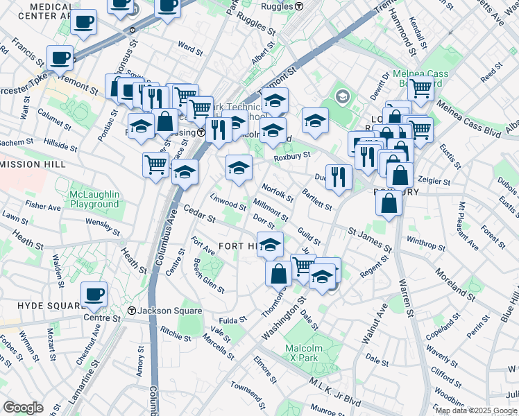 map of restaurants, bars, coffee shops, grocery stores, and more near 6 Alvah Kittredge Park in Boston