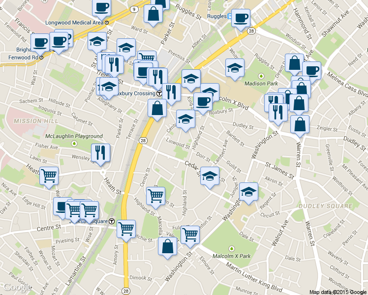 map of restaurants, bars, coffee shops, grocery stores, and more near in Boston
