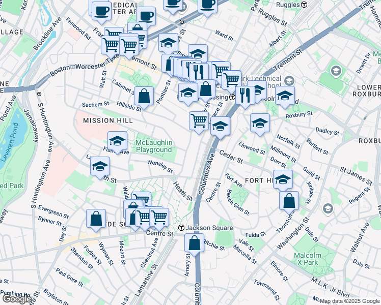 map of restaurants, bars, coffee shops, grocery stores, and more near 111 Terrace Street in Boston