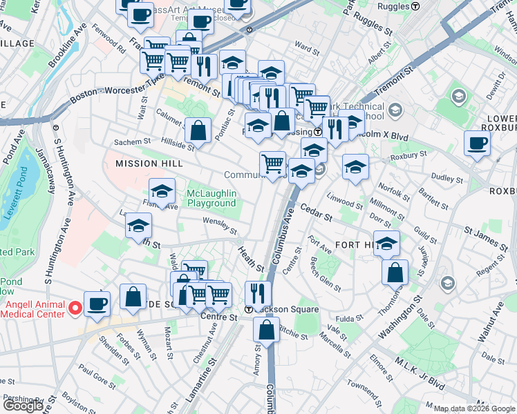 map of restaurants, bars, coffee shops, grocery stores, and more near 111 Terrace Street in Boston