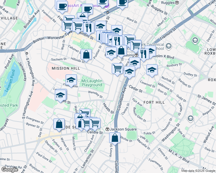 map of restaurants, bars, coffee shops, grocery stores, and more near 228 Calumet Street in Boston