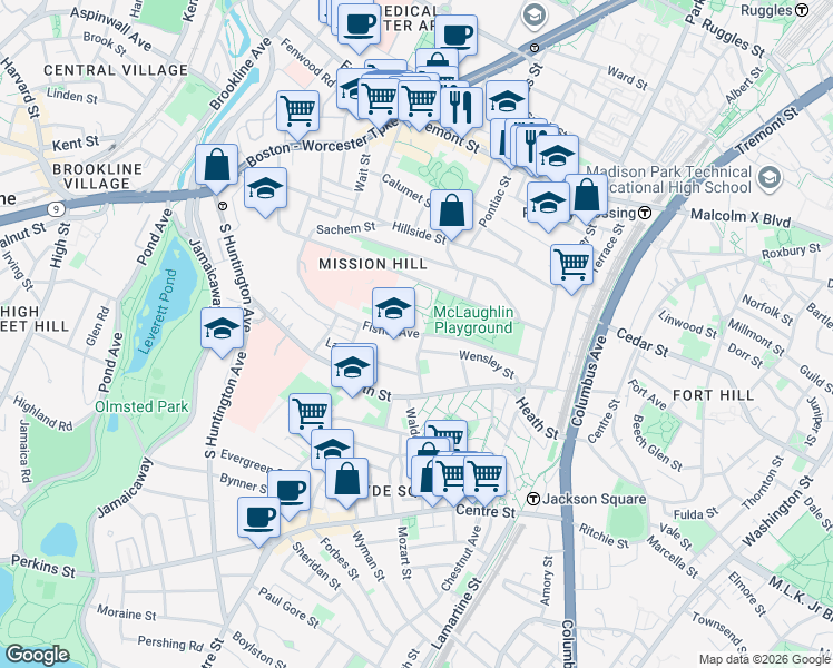 map of restaurants, bars, coffee shops, grocery stores, and more near 107 Fisher Avenue in Boston