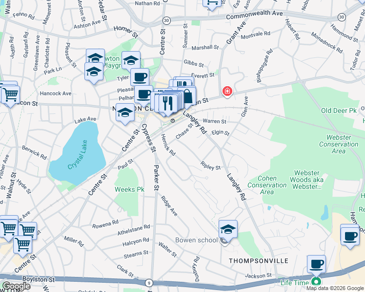 map of restaurants, bars, coffee shops, grocery stores, and more near 42 Chase Street in Newton