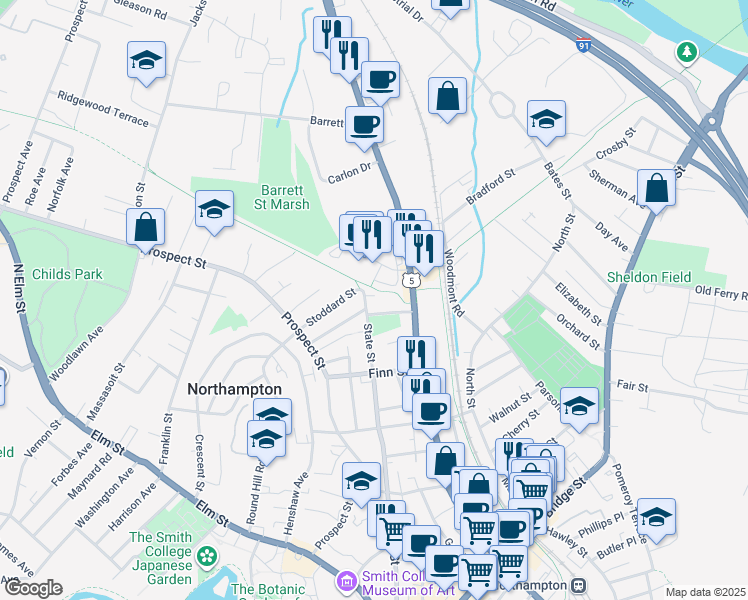 map of restaurants, bars, coffee shops, grocery stores, and more near 220 King Street in Northampton