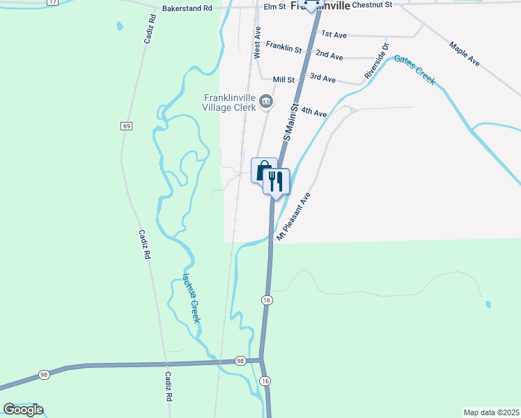 map of restaurants, bars, coffee shops, grocery stores, and more near 95 South Main Street in Franklinville