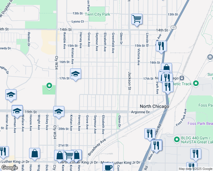 map of restaurants, bars, coffee shops, grocery stores, and more near 1401 17th Street in North Chicago