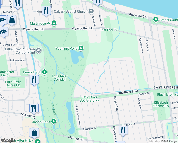 map of restaurants, bars, coffee shops, grocery stores, and more near 1030 Florence Avenue in Windsor