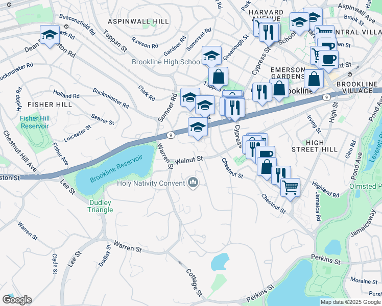 map of restaurants, bars, coffee shops, grocery stores, and more near 371 Walnut Street in Brookline