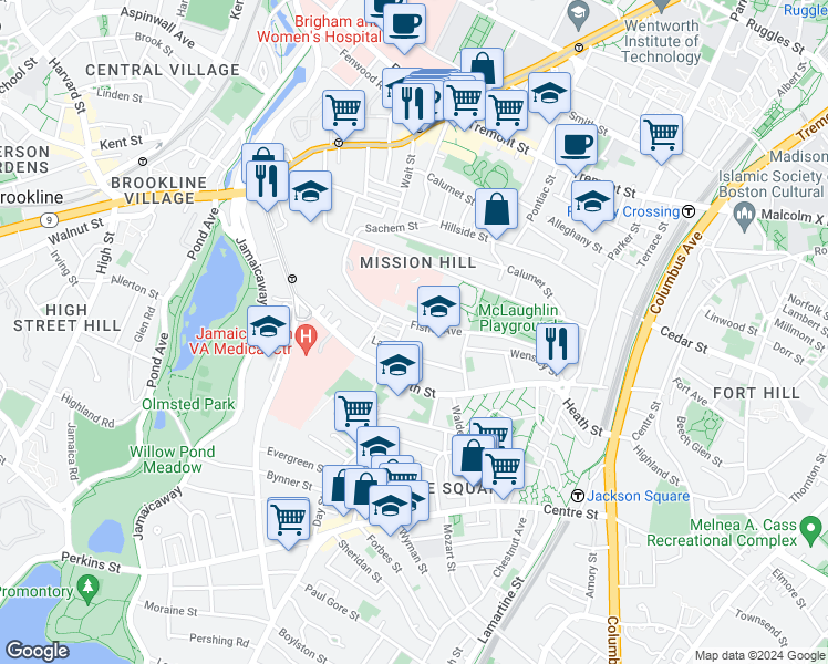 map of restaurants, bars, coffee shops, grocery stores, and more near 130 Fisher Avenue in Boston