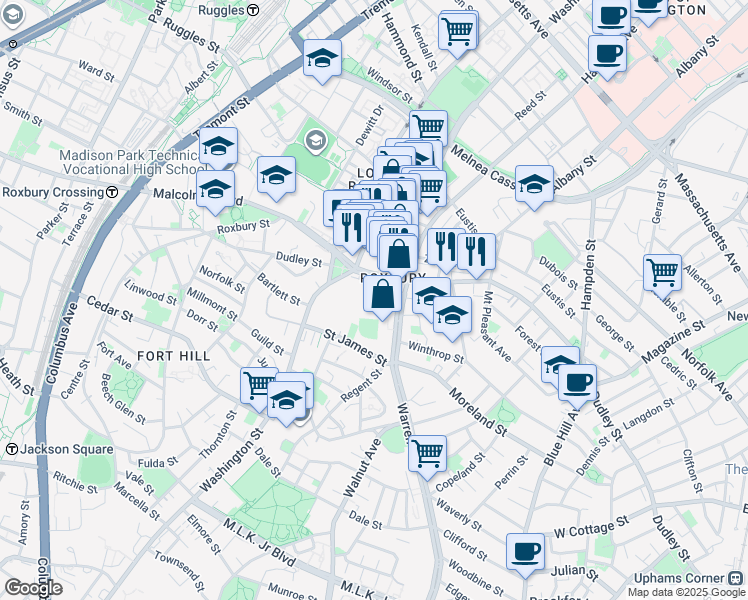 map of restaurants, bars, coffee shops, grocery stores, and more near 135 Dudley Street in Boston