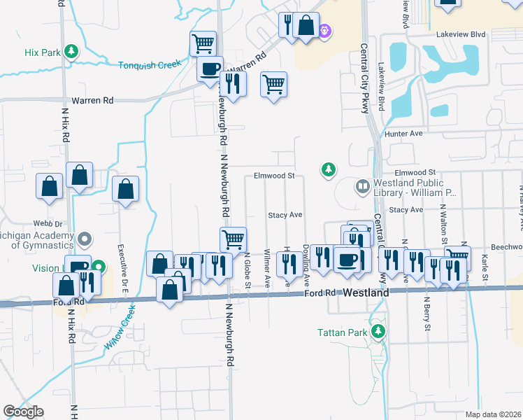 map of restaurants, bars, coffee shops, grocery stores, and more near 6110 Wilmer Street in Westland