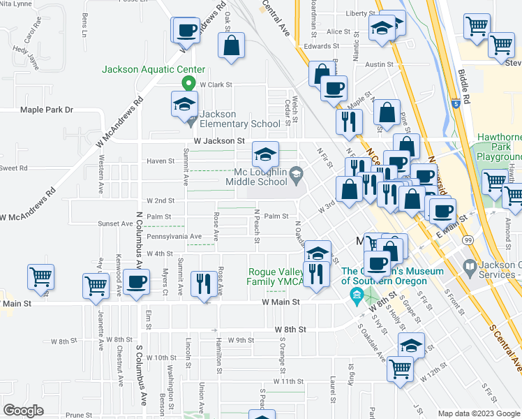 map of restaurants, bars, coffee shops, grocery stores, and more near 308 North Peach Street in Medford